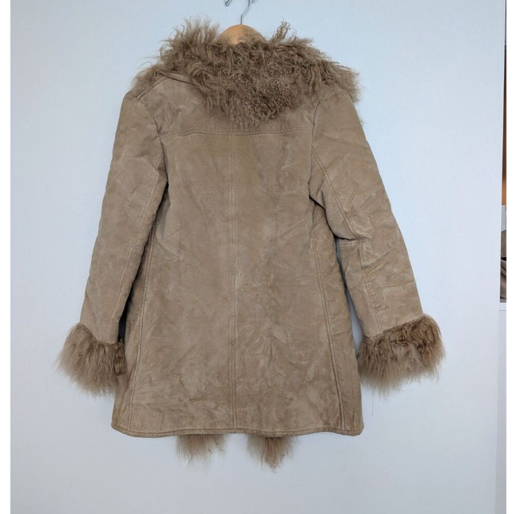 Vintage Real Leather Fur Trim Tan Penny Lane Longline Coat Jacket Sz S XOXO - Picture 2 of 16